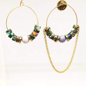 Boucles perles naturelles vertes et agates grises