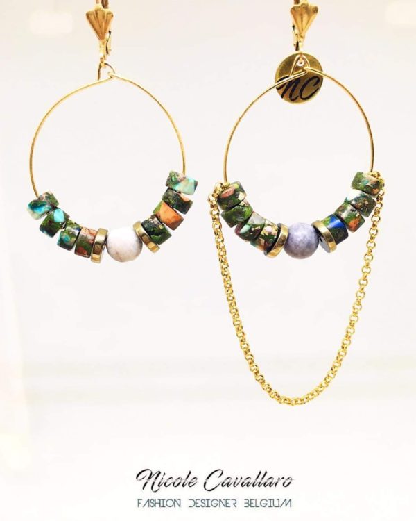 Boucles perles naturelles vertes et agates grises